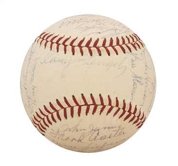1958 World Champion New York Yankees Team Signed OAL Harridge Baseball with 30 Signatures Including Mickey Mantle and Casey Stengel (JSA)